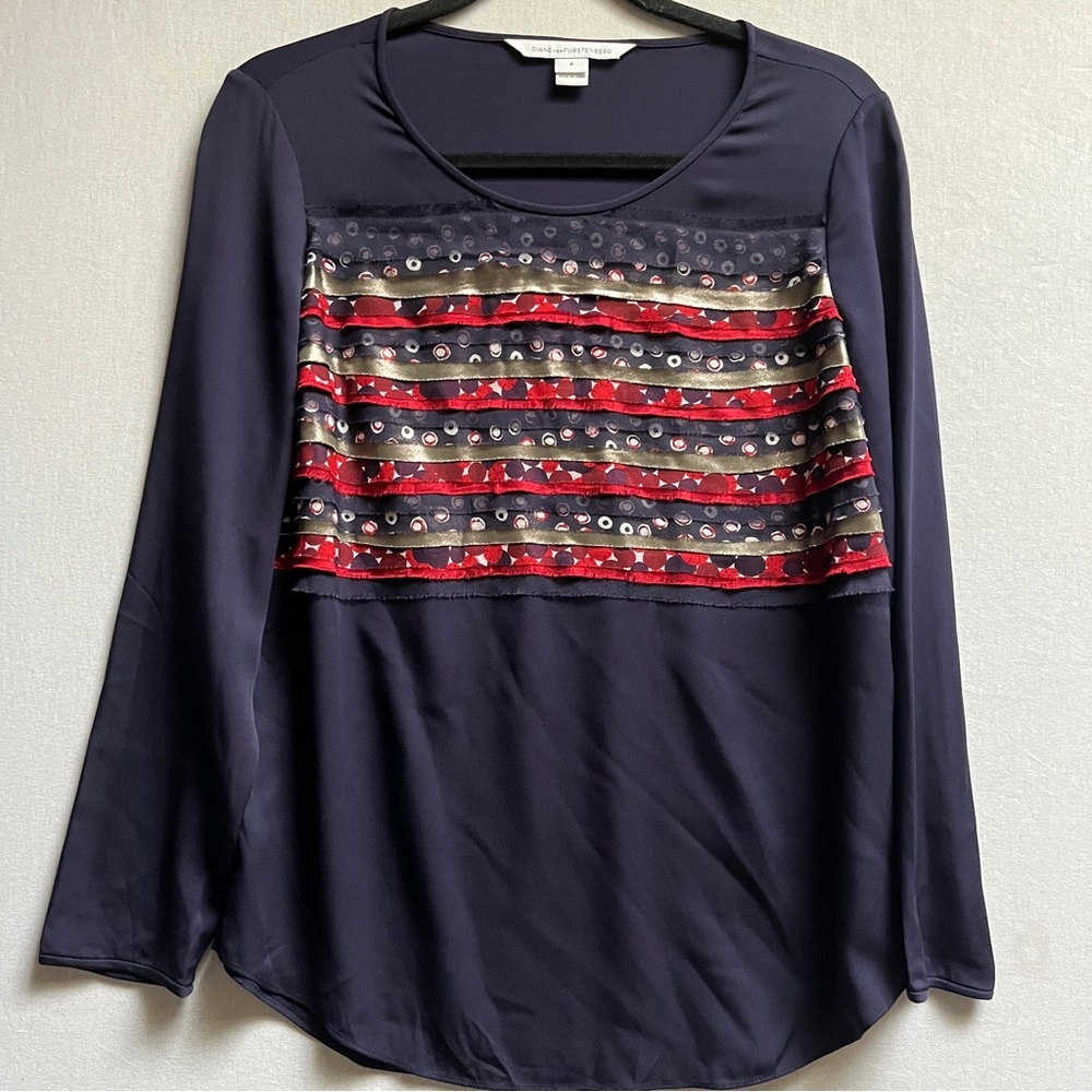 Diane von Furstenberg Statement Ruffle Front Abstract Silk Top Navy 4